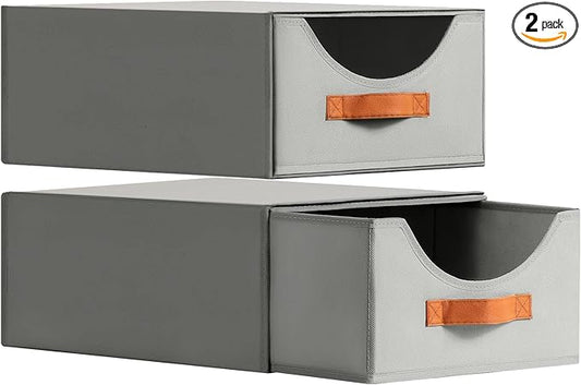 Closet Organizers and Storage - Large Stackable Storage Bins with Drawer, Fabric Bins for Organization, Collapsible Drawer Organizer Clothes for Bedroom, Living Room, 2 Pack, Grey