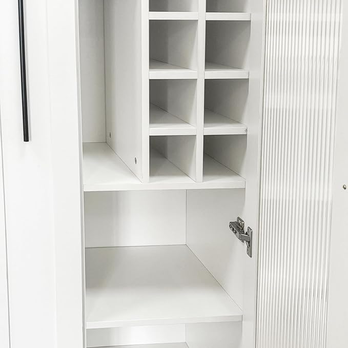 Pull-Out Kitchen Pantry Cabinet with Multi-Tier Shelves, Glass Doors & Spice Rack, Freestanding Wood Hutch Storage Cabinet Next to Refrigerator for Coffee Bar, Dining Room, Narrow Spaces