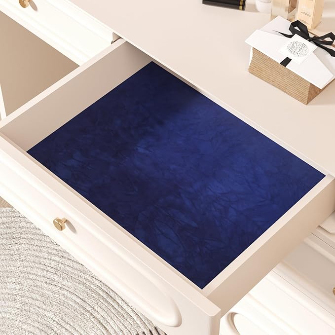 CHIHUT 12''x100'' Self Adhesive Velvet Drawer Liner Roll Thick Removable Dark Blue Velvet Wallpaper Peel and Stick Velvet Flock Contact Paper for Jewelry Cabinet Dresser Soft Felt Drawer Liner Sheets