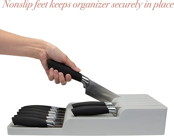 Kitchen Details 2 Tier Knife Drawer Organizer | Holds 11 Knives | Utensil Holder | Knife Block | Storage & Organization | Space Saver | Grey