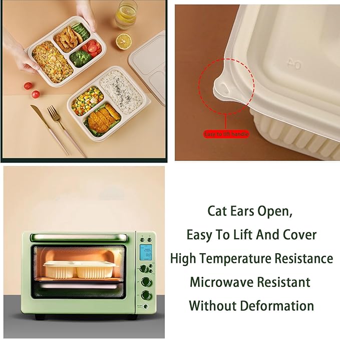 FUailiYY 30 Packs of Disposable 36 Ounce Square Meal Prep Container, 3-Chamber biodegradable clamshell containers, Thickened Food Storage Container With Lid, Stackable.