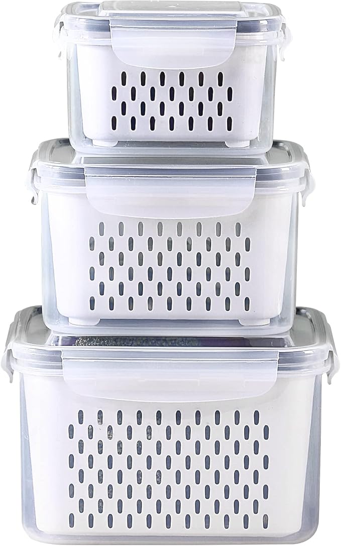 Ronanemon 3Pack Fridge Food Storage Container Set with Lids with Strainer, Fruit Vegetable Storage Containers Keep Fruits, Vegetables, Berry, Meat Fresh longer, BPA-Free Plastic Produce Keepers