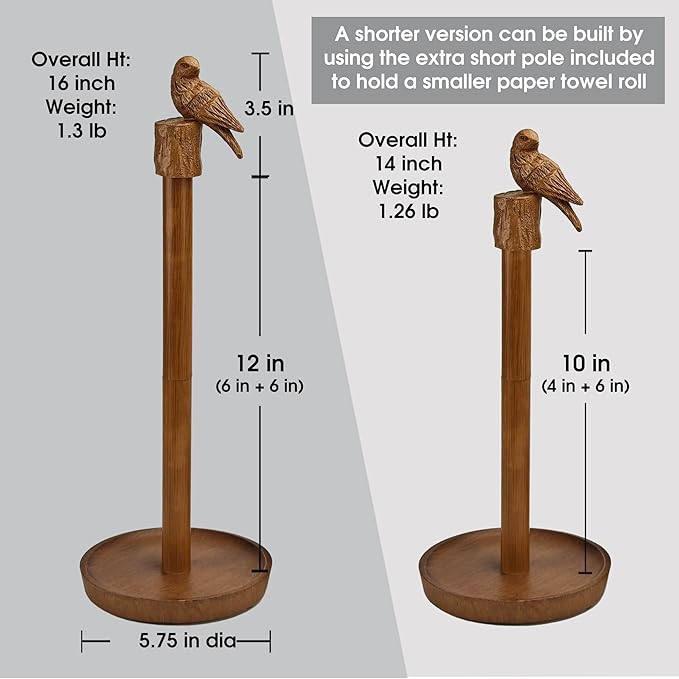Paper Towel Holder Countertop, Faux Wood Color Paper Towel Stand with Bird Design Top