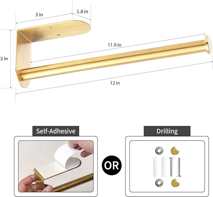 Gold Paper Towel Holder, OBODING, Self Adhesive or Drilling, Under Cabinet Paper Towel Holder Wall Mount, 304 Stainless Steel Kitchen Towel Holders for Kitchen, Cabinet, Bathroom (1 Pack, Gold)