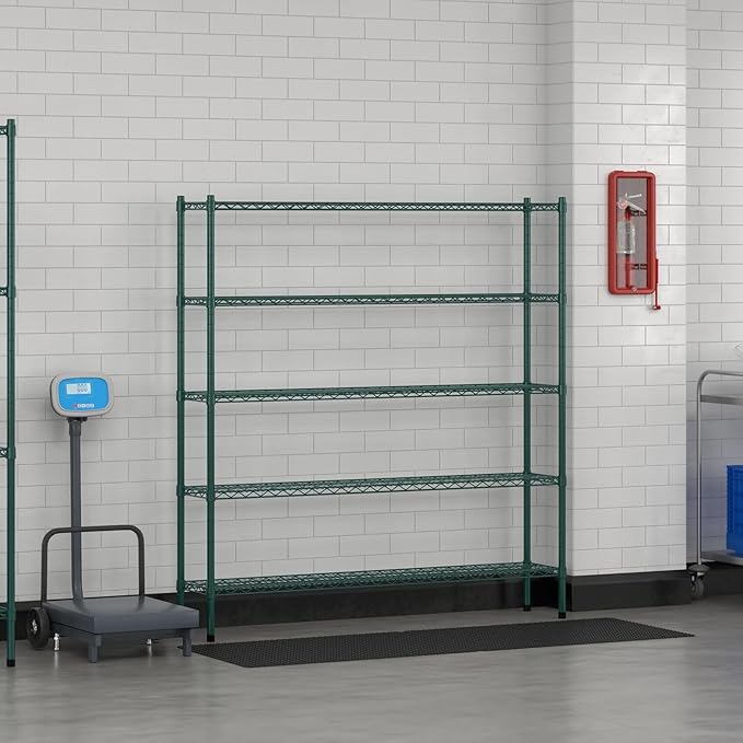 Commercial NSF Listed Green Epoxy Stationary Wire Shelving Kit 12" x 60" x 64", with 5 Shelves Perfect for Warehouse, Walk-in Refrigerator, Freezer, Grocery Store, Restaurant, Dishroom