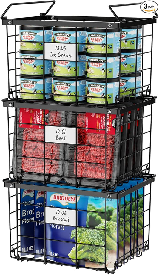 iSPECLE Freezer Organizer Bins - for 3.5 Cu.Ft Deep Freezer, 3 Pack Stackable Chest Freezer Organizer Bins with Label Plates & Folding Handles, Heavy Duty Metal Storage, Assembly Required, Black