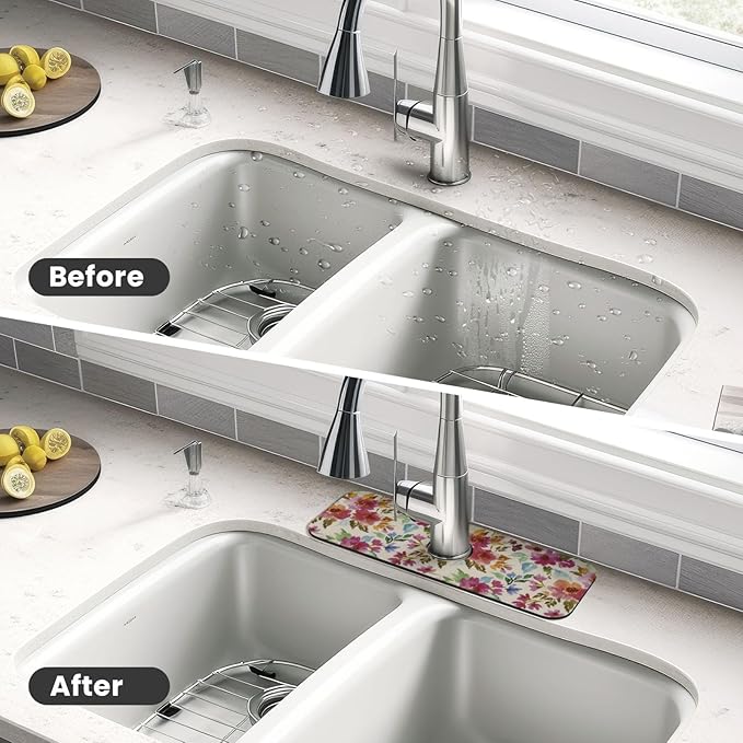 Floral Colorful 15" X 5.5" Kitchen Sink Splash Guard Faucet Faucet Guard Draining Mat Sink Splash Guard Faucet Kitchen Bathroom
