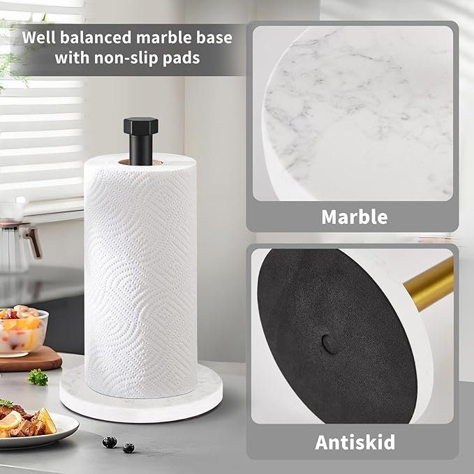 Paper Towel Holder, Kitchen Paper Towels Holder Stand, Stainless Steel Paper Towel Holder -High-Grade Marble Weighted Base, Non-Slip Protect The countertop - Matte Black
