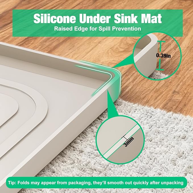 Aisslro Under Sink Mat 34" X 22", Waterproof Silicone Under Sink Mats for Kitchen, Anti-Leak Shelf Liner & Cabinet Protector with Raised Edge, [BPA Free] Bathroom Tray Home Organizer, Beige