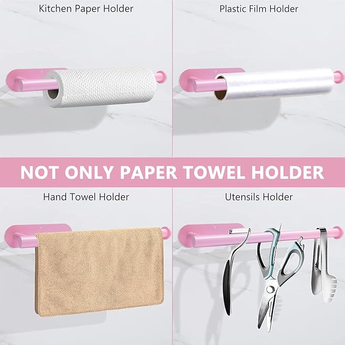 Pink Paper Towel Holder - Self Adhesive Paper Towels Roll Holders Under Cabinet, SUS304 Stainless Steel Wall Mount Towel Holder for Kitchen, Pantry, Sink, Bathroom