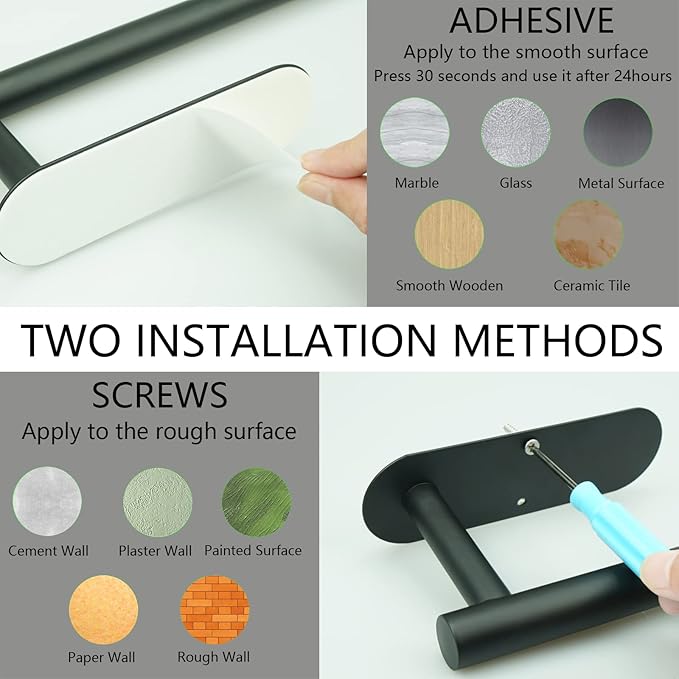 Paper Towel Holder with 2 Hooks-Under Cabinet Paper Towel Holder for Kitchen, Self-Adhesive or Screws, Space Saving Wall Mounted Kitchen Roll Holder, Bathroom, Stainless Steel Matte Black