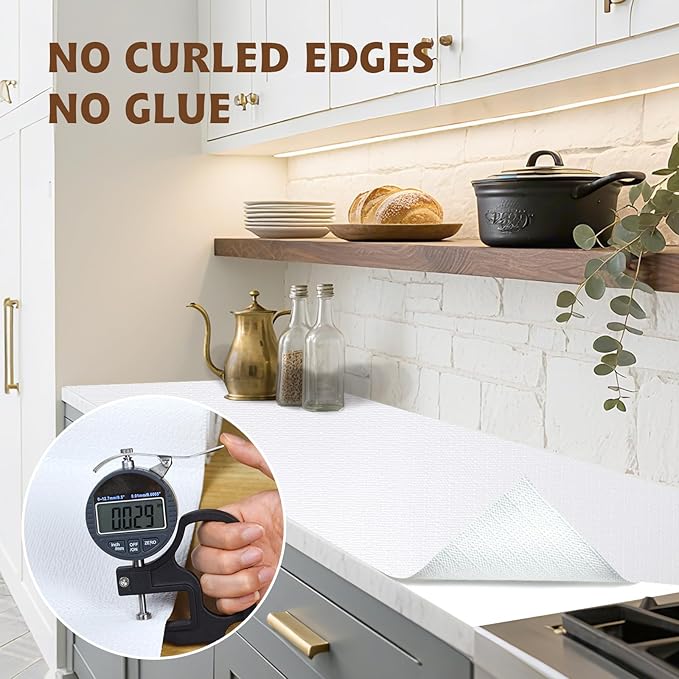 Shelf Liners for Kitchen Cabinets 12in x 39.37FT Non Adhesive Drawer Liner Pure White Thickened Shelf Liner Strong Non-Slip Easy to Clean for Tool Box Refrigerator with Knife and Tape Measure