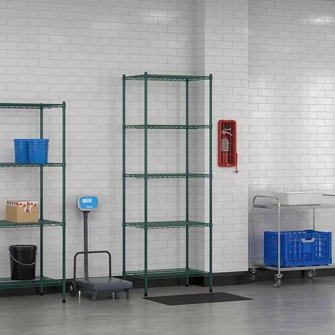 Commercial NSF Listed Green Epoxy Stationary Wire Shelving Kit 21" x 30" x 86", with 5 Shelves Perfect for Warehouse, Walk-in Refrigerator, Freezer, Grocery Store, Restaurant, Dishroom