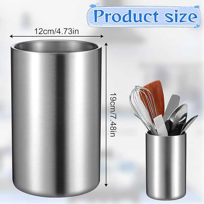 Cooking Utensil Holder for Kitchen Counter 4.7 x 7.5 inch Stainless Steel Sleek Kitchen Utensil Holder for Countertop Spatula Spoon Caddy Organizer, Silver