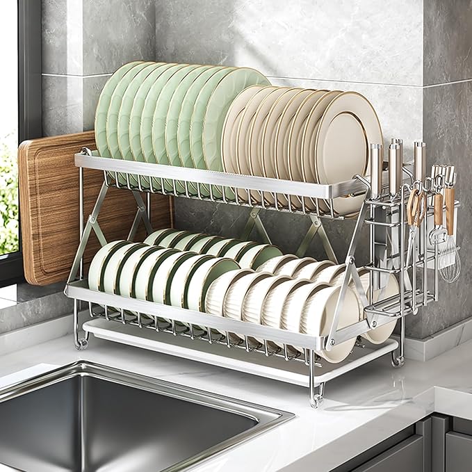 Dish Drying Rack, 304 Stainless Steel Foldable 2 Tier with Hanging Rack for Kitchen Counter, Dish Rack for Dishes, Utensils, Knives and Cutting Board