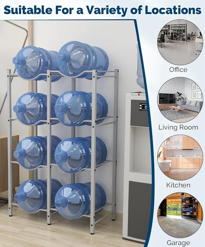 mocomax 5 Gallon Water Jug Rack, Detachable Water Bottle Holder for 8 Bottles, 4 Tier Heavy Duty Water Cooler Jug Rack, Water Bottle Organizer Storage Rack for Kitchen, Office, Living Room, White