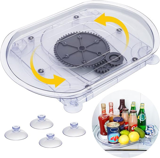 NiHome Refrigerator Lazy Susan Turntable Organizer 16.5"x11"x1.85", 180° Smooth Rotation Clear Plastic Shelf Tray with Suction Cups, Space-Saving Fridge Storage Rack for Cabinets, Pantry, Countertop