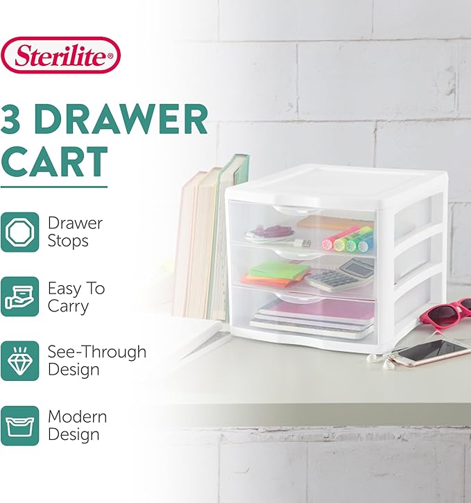 Sterilite 12-Pack ClearView 3-Drawer Cart, Small Plastic Storage Organizer Drawers, White - Organizing Drawer Containers for Bathroom, Closet, Kitchen, and Bedroom