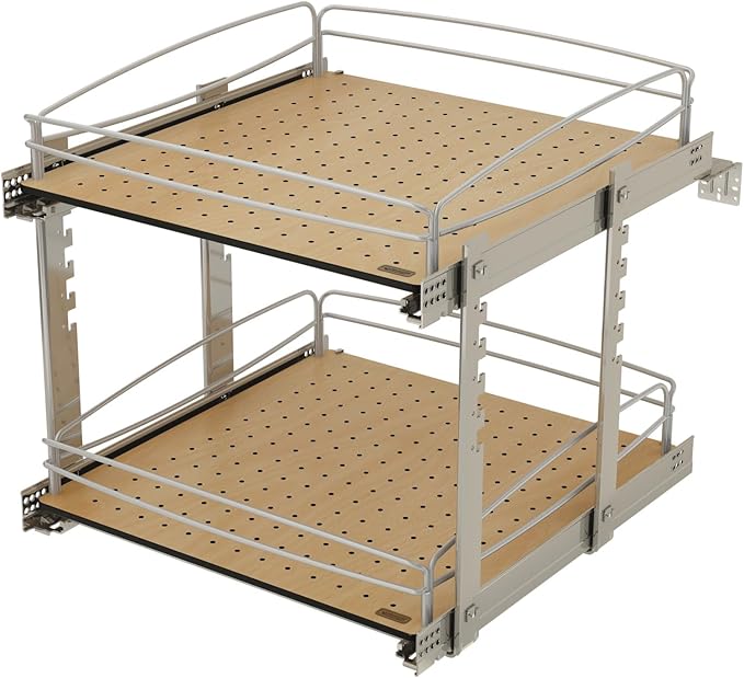 Rev-A-Shelf 2 Tier Pull Out Kitchen Cabinet Storage Organizer with Solid Bottom & Undermount Soft-Close Full Extension Slides, 54BK-21SC-2-1