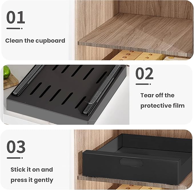 21'' Deep Pull Out Drawers for Cabinets, 10" W x 21'' D x 3.1" H Sturdy Carbon Steel Cabinet Drawers Slide Out, Pantry Storage Shelves with Nano Adhesive for Kitchen, Bathroom and Living Room