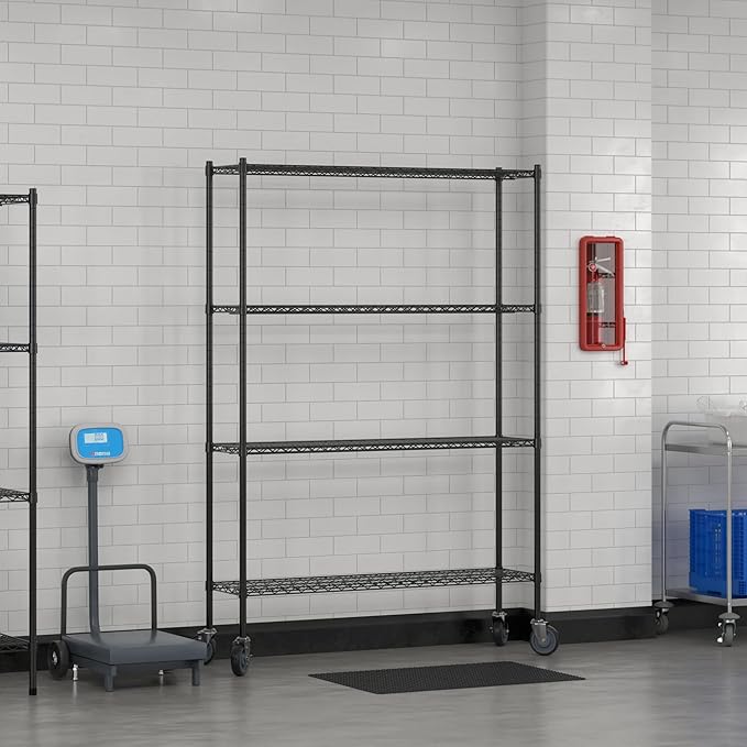 Commercial NSF Listed Black Epoxy Mobile Wire Shelving Kit 14" x 54" x 80", with 4 Shelves Perfect for Warehouse, Walk-in Refrigerator, Freezer, Grocery Store, Restaurant, Dishroom