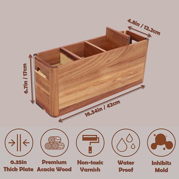 Wooden Kitchen Utensils Holder Organizer - Extra Large Wooden Utensil Holder for Counter or Countertop - Acacia Wood Container with 4 Compartments for Cooking and Silverware