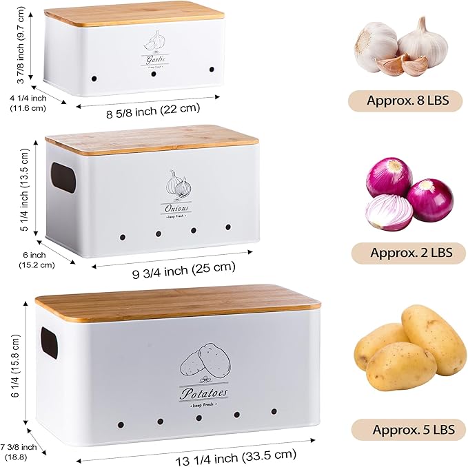 Potato Onion and Garlic Storage Bin Set of 3, White Metal Kitchen Vegetable Canisters with Bamboo Lid and Aerating Holes, Stackable Kitchen Storage Tin for Countertop Pantry