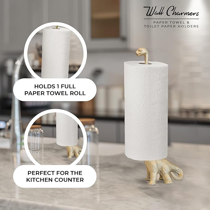 WallCharmers Gold Paper Towel Holder, Metal Toilet or Kitchen Paper Holder for Floor or Countertop, Gold Dino