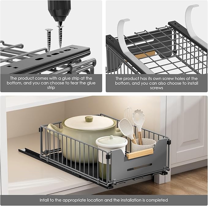2 Pack Pull Out Cabinet Organizer, Slide Out Drawers for Cabinets,Peel and Stick,Comes with adhesive and screws,Suitable for kitchens,Cupboard,Pantry, Bathroom, Short-Gray(14.76" D*9.64" W*4.72" H)