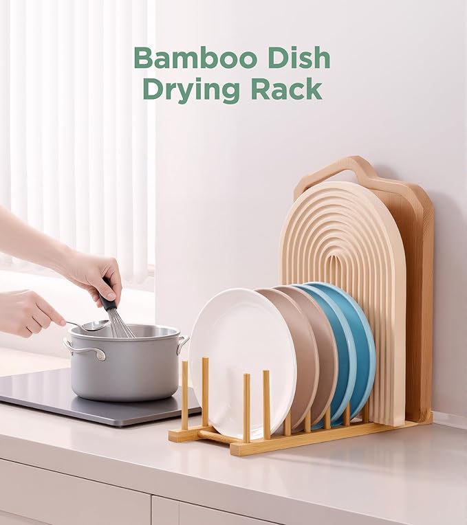Bamboo Dish Drying Rack, Plate Organizer for Kitchen Cabinet, Vertical Plate Lid Holders for Plates, Cups, Cutting Boards, Utensils Cabinet or Countertop Storage