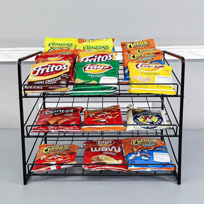FixtureDisplays® Stackable Can Rack Organizer, Stackable Potato Chip Bag Storage Dispenser for Kitchen Cabinet or Pantry, Black 17.35" Wide x 12.8" Deep x 14" Tall 10145-NPF
