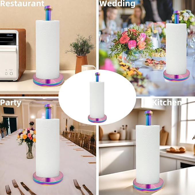 Stainless Steel Paper Towel Holder Countertop, Rainbow Kitchen Roll Holder Stand with Weighted Base Removable Top for a Variety of Paper Towels