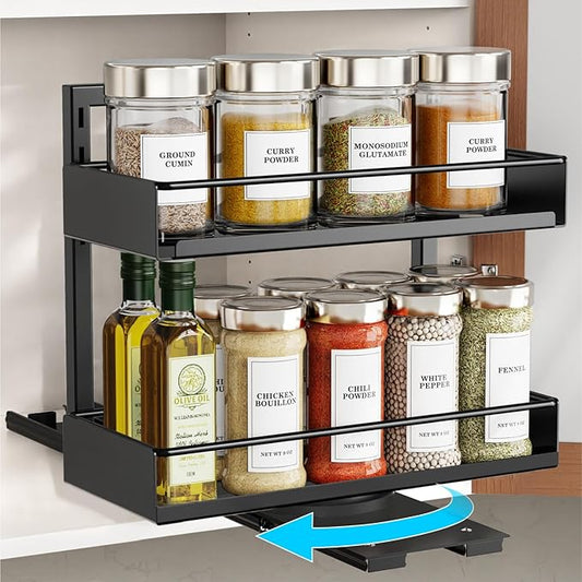 iSPECLE Spice Rack Organizer for Cabinet - 1 Pack Rotate Pull Out Spice Racks for Easy Access, Adjust Height to Fit 4 oz to 8 oz Spice Jars, Peel and Stick, 10.2" D for Inside Cabinet