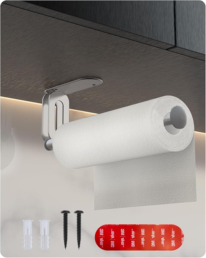 Paper Towel Holder - Kerisgo Paper Towel Holders Under Cabinet for Kitchen,Strong Adhesive Paper Towel Roll Rack for Bathroom,Wall Mounted Toilet Paper Holder for Bathroom,RVs,Sink,Glass(Silver)