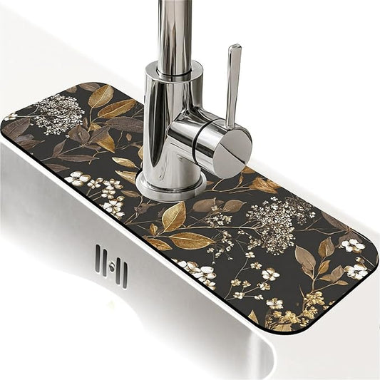 Kitchen Sink Splash Guard，small-flowers and leaves- Faucet Mat Sink Gadgets-Super Absorbent Fast Drying Mat Drip Catcher for Kitchen, Bathroom,Sink Mat, Dish Drying Mat, Bathroom(15" X 5.5" )