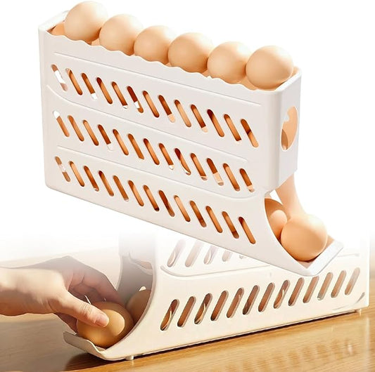 2026 Egg Holder for Fridge, Upgraded 4 Tiers Automatic Rolling Egg Dispenser, No Assembly Required Easy Access, Save Space for Refrigerator Holds up to 30 pcs (White)