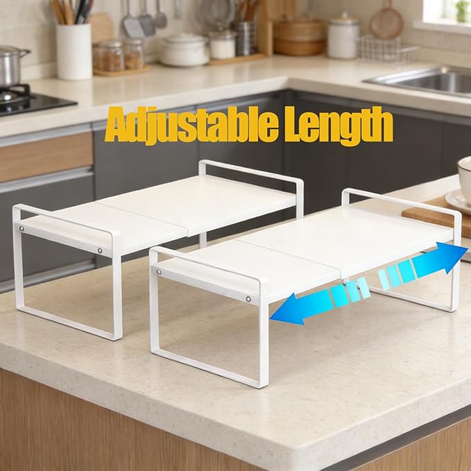 Expandable Kitchen Counter Shelf Organizer,14-25" L， White Metal, Under Sink Storage Rack, Cabinet Countertop Organizer (2 Pack)