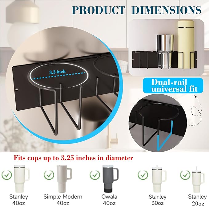 Magnetic Cup Holder Set - Universal Organizer Fits Stanley 20/30/40oz & All Cups up to 3.25 Inches Wide, Modular Rack with Lid and Straw Holders (Black, 8 Cup)