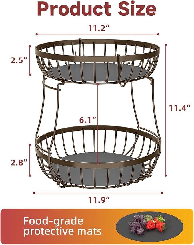 2 Tier Fruit Basket for Kitchen Counter with 2 Banana Hangers, 2025 Pro Detachable Metal Fruit Bowl with Wooden Handle,Fruit Holder for Bread Snack Veggies, Brown Extra Large