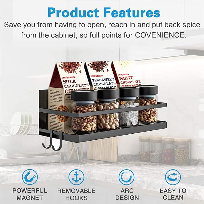 Thipoten Magnetic Spice Rack, Strong Magnetic Shelf with 2 Removable Hooks, Perfect Space Saver for Small Kitchen/Apartment, Awesome Metal Cabinet for Holding Spices, Jars, Bottle, Beverage(Black)