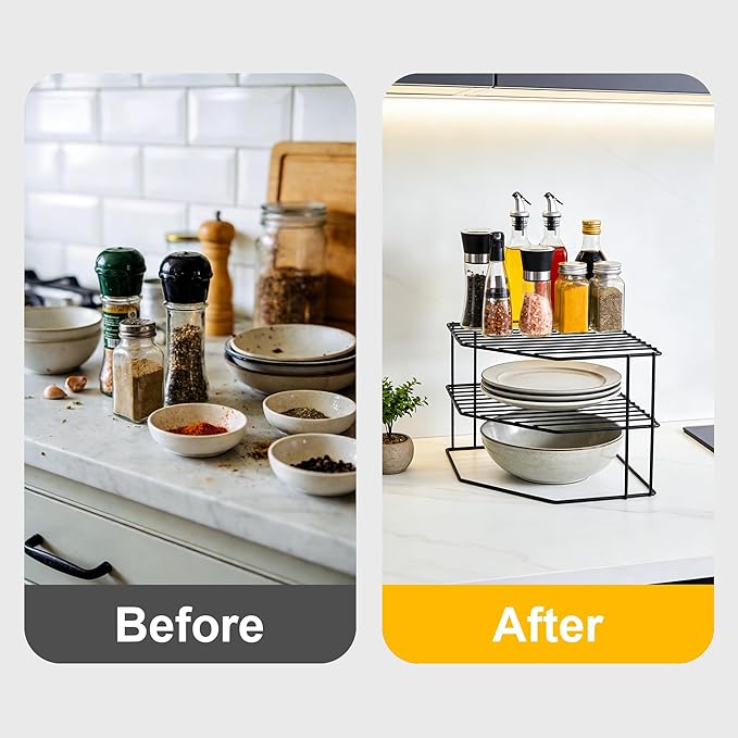 SIBAO 3 Tier Kitchen Corner Shelf Rack and Cabinet Organizer for Plates and Cups, Metal Wire Kitchen Shelf, Steel Metal Frame, Rust Resistan,10x10x7inch, Black