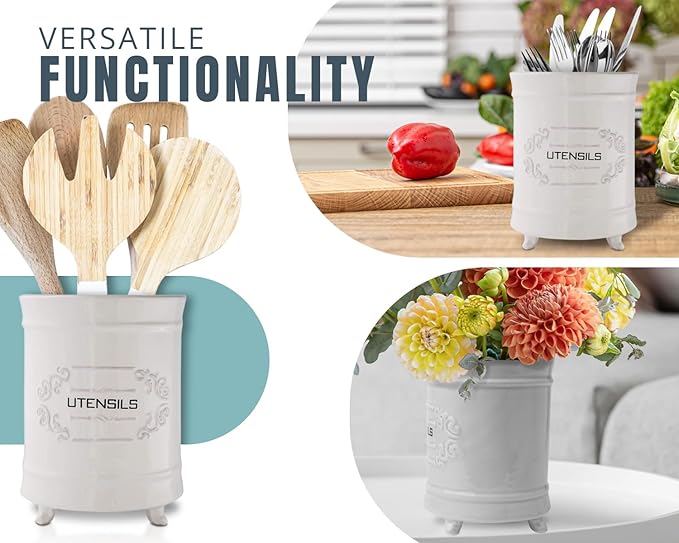 Comfify White Ceramic Utensil Holder – Vintage Style Kitchen Caddy – Shabby Chic Countertop Organizer – Rustic French Country Crock for Cooking Enthusiasts