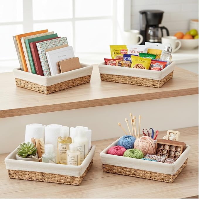 CT SUN Woven Storage Baskets for Shelves, 3-Piece Shallow Paper Rope Bins with 2 Sets of Liners (Cream & Daisy Print), Wicker Style Trays for Bathroom, Kitchen Counter, Bread & Nursery