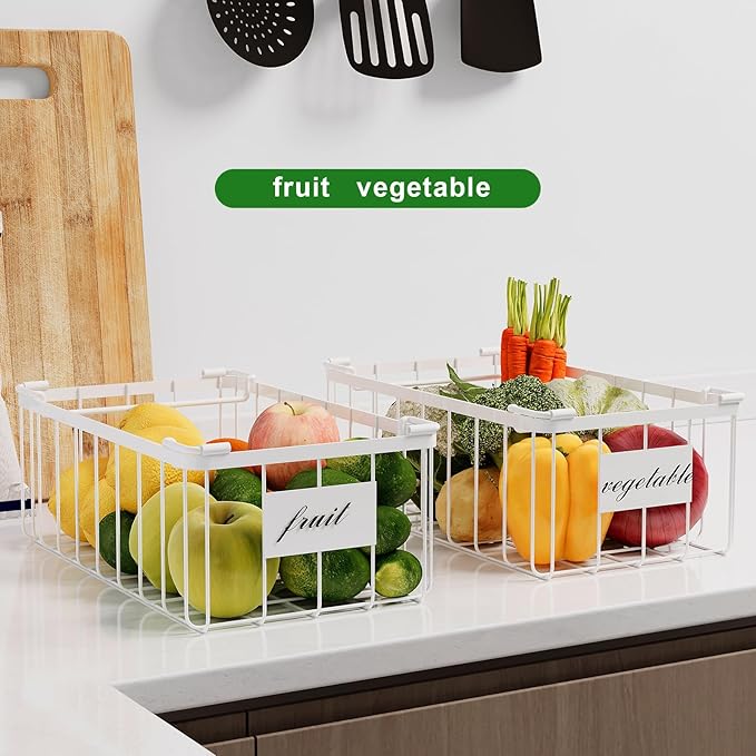 lonpute 3 Pack Stackable Wire Storage Baskets With Tag, Freezer Organizer Bins for Most 7 Cu.FT Freezer Sort Frozen Meats, Deep Freezer Organizer Bins with Handle Add Space Easy Reach, White
