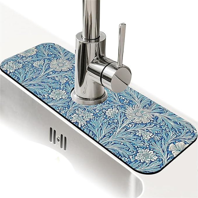 Kitchen Sink Splash Guard，Blue flowers forest Faucet Mat Sink Gadgets-Super Absorbent Fast Drying Mat Drip Catcher for Kitchen, Bathroom,Sink Mat, Dish Drying Mat, Bathroom(15" X 5.5" )