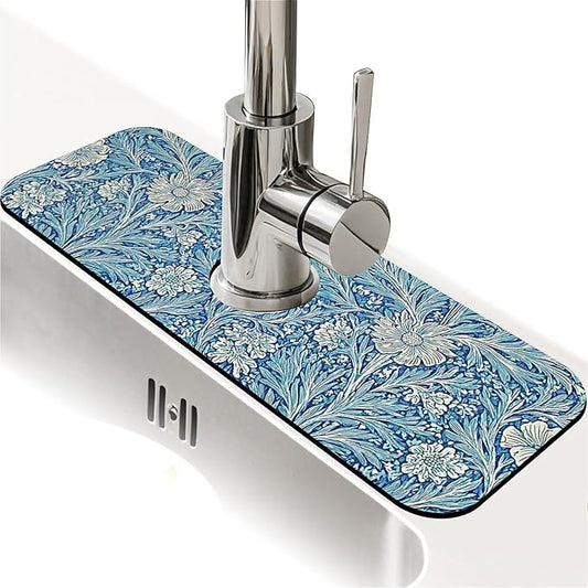 Kitchen Sink Splash Guard，Blue flowers forest Faucet Mat Sink Gadgets-Super Absorbent Fast Drying Mat Drip Catcher for Kitchen, Bathroom,Sink Mat, Dish Drying Mat, Bathroom(15" X 5.5" )