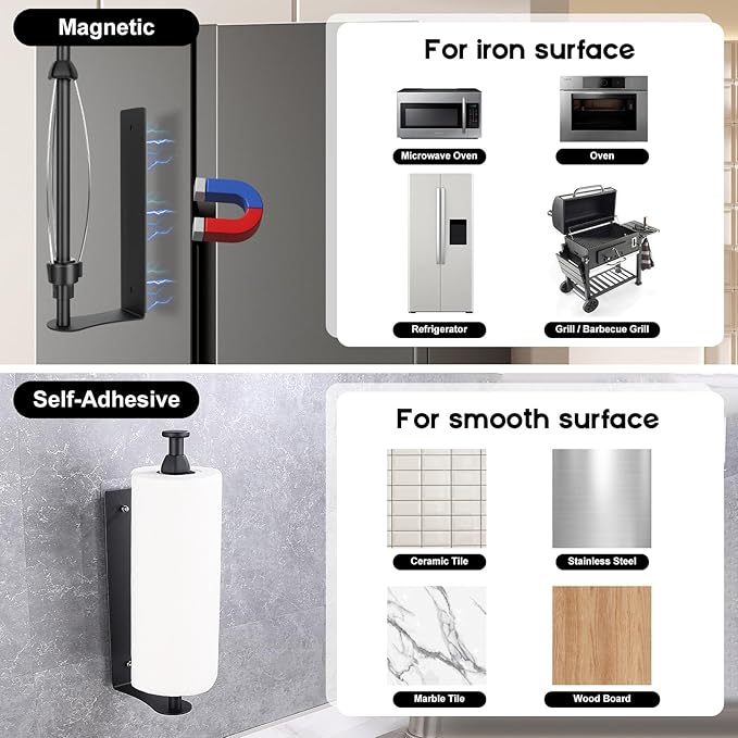 Magnetic Paper Towel Holder with Adjustable Damping, One Hand Tear, Smooth Tension Control, Strong Magnet & Self Adhesive Wall Mount, No Drilling for Kitchen, Fridge, RV, Garage, Grill (Black)