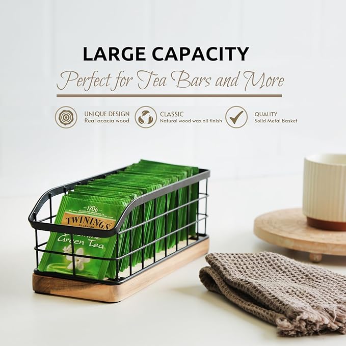 Tea Bag Organizer,Iron Wire Basket with Wooden Base.Tea Storage Containers with 3 Slots,Sugar Packet,Tea Bar Accessories for Countertop Cabinet Drawer. (WOOD,VERTICAL)