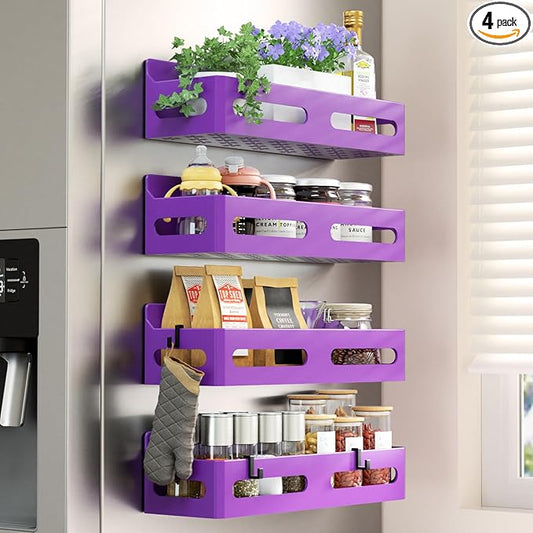 4 Pack Strong Magnetic Spice Rack for Refrigerator, Multipurpose Magnetic Shelf for Fridge with 4 Hooks for kitchen and Bathroom Organization, Purple
