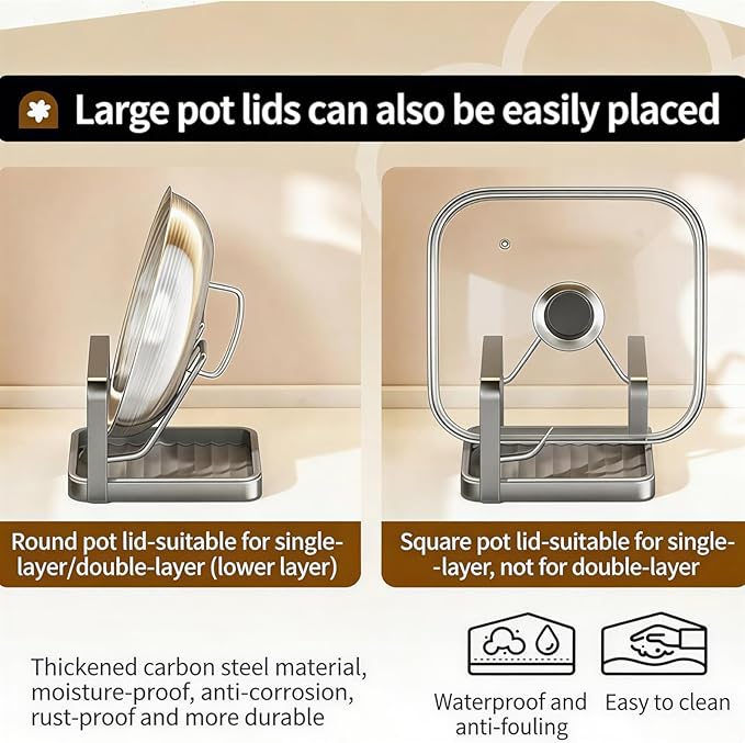 Kitchen Pot Lid Storage Rack & Spoon Rest – Heavy-duty Pot Lid Holder While Cooking with Removable Drip Tray,Multifunctional Countertop Storage Stand for Pots And Pans,Space-Saving Lid Rack-2PCS